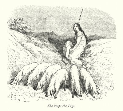 Hon håller grisarna (gravyr) av Gustave Dore