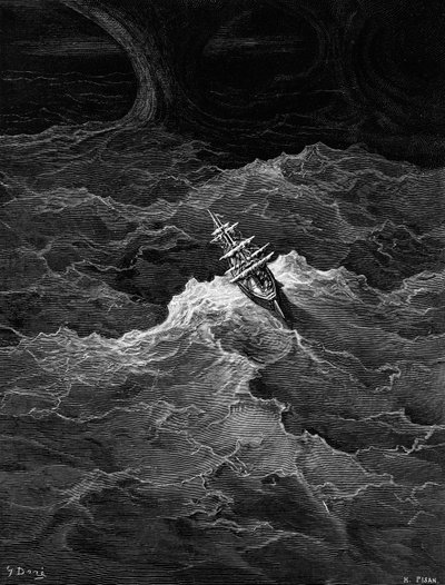 Skepp i stormigt hav, scen från "The Rime of the Ancient Mariner" av S.T. Coleridge, av S.T. Coleridge, utgiven av Harper und Brothers, New York, 1876 (trägravyr) av Gustave Dore
