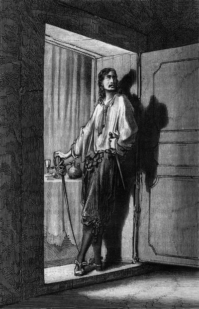 Sigognac, illustration av Gustave Dore av boken Kapten Fracasse av Theophile Gautier av Gustave Dore