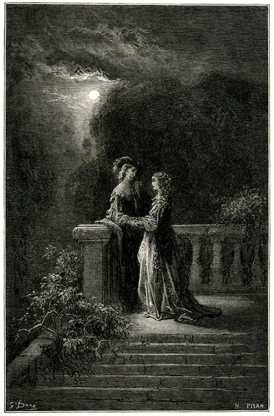 Sigognac och Isabelle: älskande som äntligen förenas i månskenet. I slutändan triumferar kärleken! Gravyr av Gustave Dore som illustrerar Theophile Gautiers pikareskroman om cape och epee "Le capitaine Fracasse", edition Charpentier 1863. av Gustave Dore