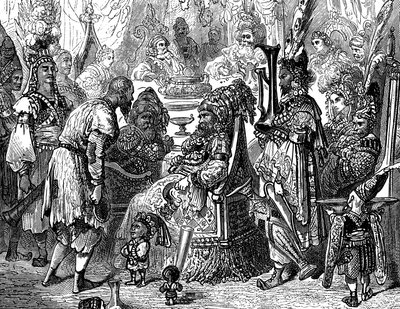 Sindbad sjömannen (Sindbad) - sagan om de tusen och en (1001) nätterna - illustration av Gustave Dore (detalj) - Maxwell edition 1865 - Prolog: en fattig bärare (Hinbad) presenterar sig för Sindbad, som har blivit gammal och rik. Den senare kommer att berä av Gustave Dore