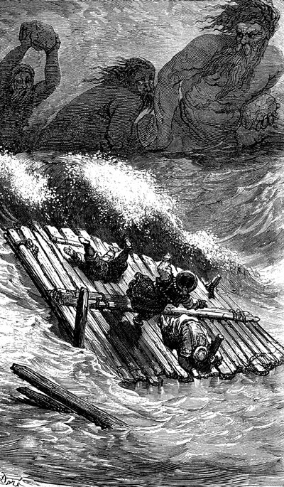 Sindbad sjöfararen (Sinbad) - berättelsen om de tusen och en (1001) nätterna - illustration av Gustave Dore - Maxwell edition 1865 - Tredje resan: Sindbad och hans följeslagare som har tagit havet ombord på en flotte förföljs av jättar som kastar stora ste av Gustave Dore
