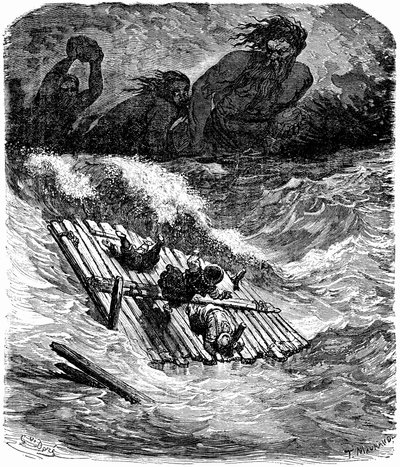 Sindbad sjöfararen (Sinbad) - berättelsen om de tusen och en (1001) nätterna - illustration av Gustave Dore - utgåva Maxwell 1865 - Tredje resan: Sindbad och hans följeslagare har tagit havet ombord på en flotte och förföljs av jättar som kastar stora sten av Gustave Dore