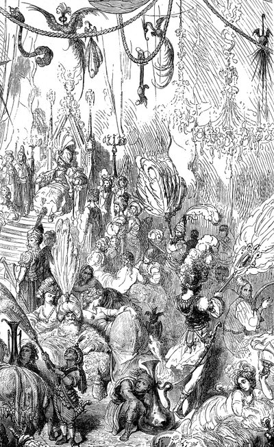 Seglaren Sindbad (Sinbad) - berättelsen om de tusen och en (1001) nätterna - illustration av Gustave Dore - Maxwell-utgåvan 1865 - Sjätte resan - denna gravyr kan föreställa kungen av Serendibs hov eller kalifen Haroun al-Rashids (Harun al av Gustave Dore
