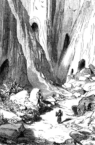 Sindbad sjöfararen (Sinbad) - berättelsen om de tusen och en (1001) nätterna - illustration av Gustave Dore - edition Maxwell 1865 - Andra resan: Sindbat upptäcker en dal med diamanter, men som tyvärr är ockuperad av jätteormar. Han kommer att ta refu av Gustave Dore