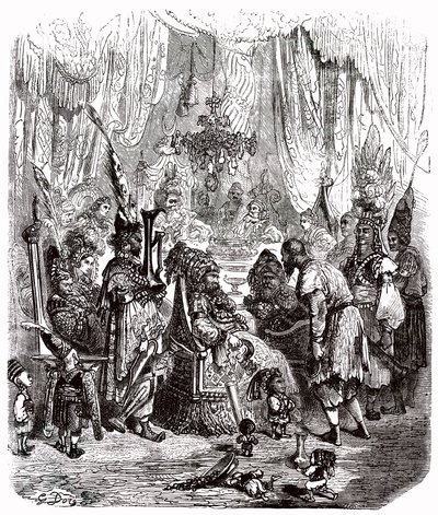 Sindbad sjömannen (Sinbad) - berättelsen om de tusen och en (1001) nätterna - illustration av Gustave Dore - Maxwell edition 1865 - Prolog: en fattig bärare (Hinbad) presenterar sig för Sindbad, som har blivit gammal och rik. Den senare kommer att berätta  av Gustave Dore