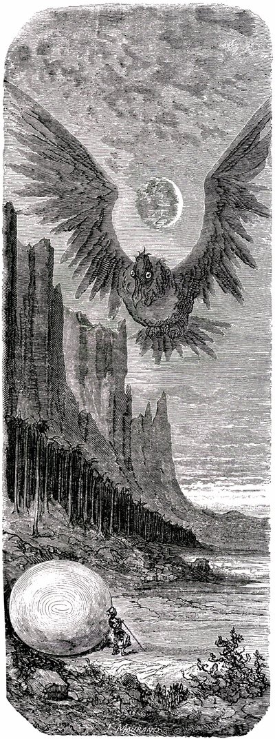 Sindbad sjömannen (Sinbad) - berättelsen om de tusen och en (1001) nätterna - illustration av Gustave Dore - utgåva Maxwell 1865 - Andra resan: Sindbad har upptäckt på en ö ett stort ägg av den gigantiska fågeln Roc och attackeras av denna jättefågel - av Gustave Dore
