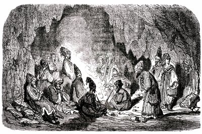 Sindbad sjömannen (Sinbad) - sagan om de tusen och en (1001) nätterna - illustration av Gustave Dore - Maxwell edition 1865 - Första resan: Sindbad, som övergivits mitt ute på havet av sina kamrater, når en ö och möter i en grotta blekfrenien av Gustave Dore