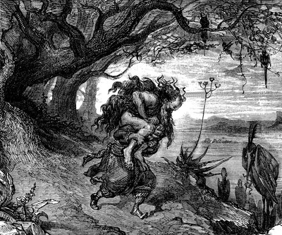 Sindbad sjömannen (Sinbad) - sagan om de tusen och en nätterna (1001) - illustration av Gustave Dore (detalj) - upplaga Maxwell 1865 - Femte resan: Sindbad tvingas bära på sin axel en gammal man som klamrar sig fast vid honom och som han inte längre kan fr av Gustave Dore