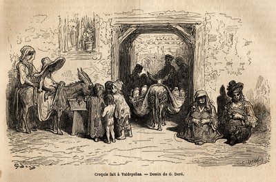 Skiss tagen live: tiggare i Valpadenas (kanalen). Gravyr för att illustrera resan till Spanien av Gustave Dore (1832-1883) illustratör och baron Ch. Davillier-reaktorn, 1862, publicerad i "Le tour du monde, nouveau journal des voyages", under av Gustave Dore