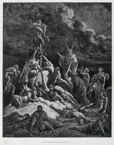 Så gjorde Mose en orm av brons och satte upp den på en påle. Numeri 21:7, illustration från Dore-bibeln av Gustave Dore