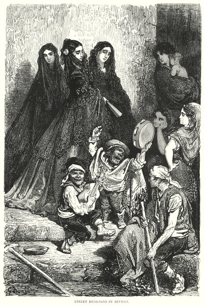 Gatumusikanter i Sevilla (gravyr) av Gustave Dore