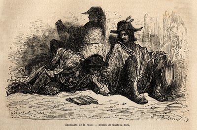 Studenter av tonfisk (eller tunantes) i distriktet vid universitetet i Alcala de Henares, det speciella med dessa studenter som har antagit ledigt, fritt och vandrande liv är att inte studera, skissa på live av Gustave Dore. Gravyr för att illustrera resan av Gustave Dore