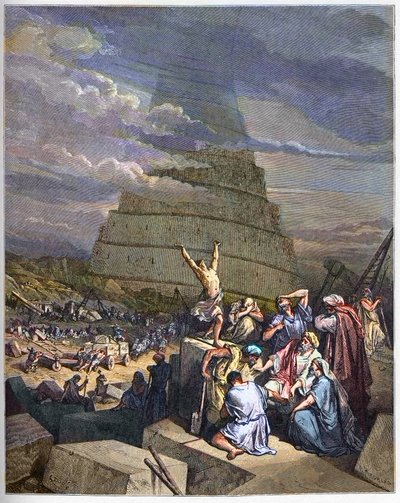 TOWER OF BABEL - Babels torn illustration av Genesis och språkförvirring av Yahve. Till höger diskuterar kung Nimrud (eller Nimrod, Nemrod) med arkitekterna - gravyr i "The Bible illustree" av Gustave Dore (1832-1883) - Gravyr från "" Th av Gustave Dore