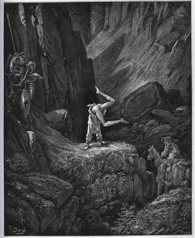 The Acrobatic Penitence of Don Quijote in Sierra Morena - från "" Don Quixote de la Mancha"" av Miguel Cervantes (1547-1616) (Don Quijote) - Träsnitt efter teckning av Gustave Dore av Gustave Dore