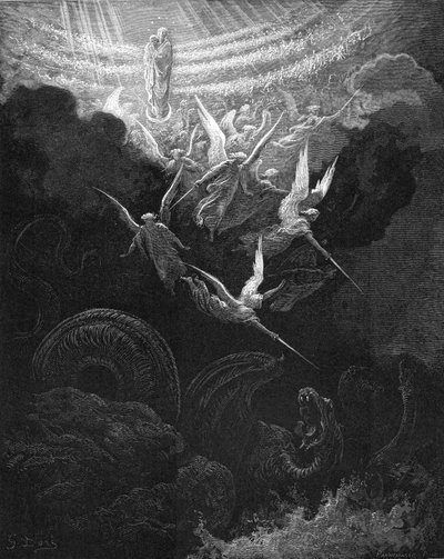 Ärkeängeln Mikael och hans änglar slåss mot draken, 1865-1866 av Gustave Dore