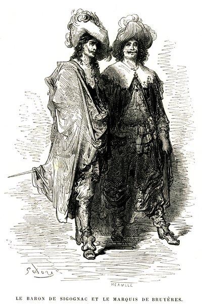 Baron de Sigognac och markis de Bruyeres. Gravyr av Gustave Dore som illustrerar Theophile Gautiers roman "Le capitaine Fracasse", edition Charpentier 1863. av Gustave Dore