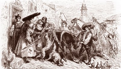Den misshandlade Quijoten kommer hem Gravyr av Gustave Dore (1832-1883) för "L