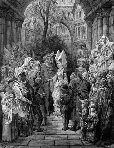 Bruden och brudgummen kommer in i hallen, scen från "The Rime of the Ancient Mariner" av S.T. Coleridge, publicerad av Harper und Brothers, New York, 1876 (trägravyr) av Gustave Dore