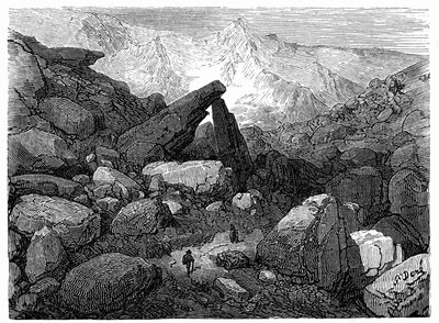 Chaos Trail, som leder till Cirque de Gavarnie: gravyr av Gustave Dore som illustrerar boken "Journey to the Pyrenees of Hippolyte Taine", Hachette 1860. av Gustave Dore