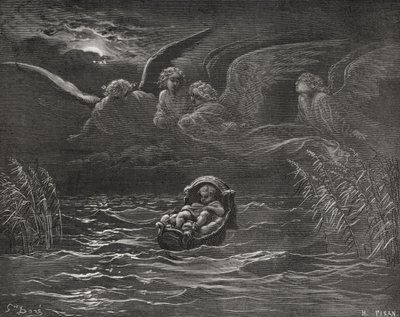 Barnet Moses på Nilen, 2 Mosebok 2:1-4, illustration från Dores "The Holy Bible", graverad av H.Pisan, 1866. av Gustave Dore
