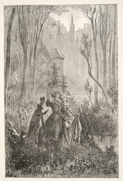 The Countess of the Fountain and her Damsels, från Stories of the Days of King Arthur av Charles Henry Hanson, pub.1898 av Gustave Dore
