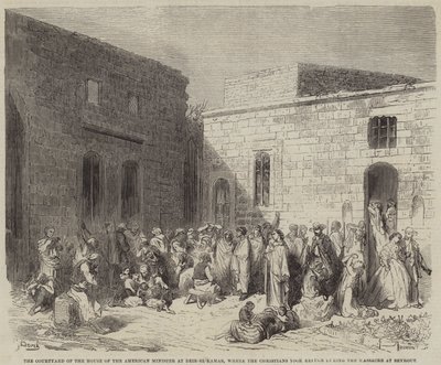 Gården till den amerikanske ministerns hus i Deir-el-Qamar, dit de kristna tog ? av Gustave Dore