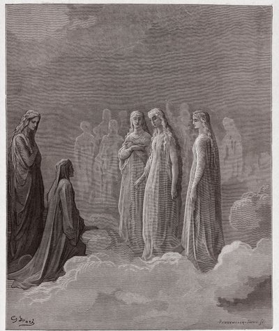 Den gudomliga komedin (La Divina Comedia, La Divine Comedie), Paradiso, Canto 3: Det första riket: Piccarda Donati och själarna vars löften hade brutits - av Dante Alighieri (1265-1321) - Illustration av Gustave Dore (1832-1883) ) av Gustave Dore