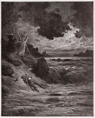 The Divine Comedy (La Divina Comedia, La Divine Comedie), Purgatorio, Canto 5: The body of Buonconte da Montefeltro in the Arno - av Dante Alighieri (1265-1321) - Illustration av Gustave Dore (1832-1883) av Gustave Dore