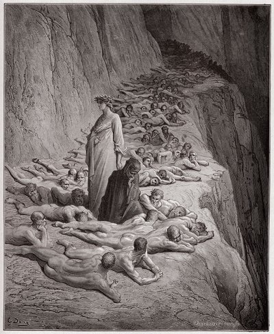 The Divine Comedy (La Divina Comedy, La Divine Comedie), Purgatorio, Canto 19: De girigas själar: Adrian V talar till Dante - av Dante Alighieri (1265-1321) - Illustration av Gustave Dore (1832-1883) av Gustave Dore