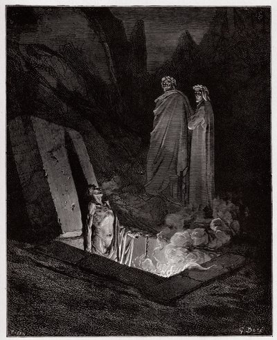 The Divine Comedy (La Divina Commedia, La Divine Comedie), Inferno, Canto 10: Farinata degli Uberti tilltalar Dante - av Dante Alighieri (1265-1321) - Illustration av Gustave Dore (1832-1883) av Gustave Dore