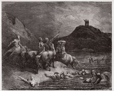 The Divine Comedy (La Divina Commedia, La Divine Comedie), Inferno, Canto 12: Nessus and the centaurs - av Dante Alighieri (1265-1321) - Illustration av Gustave Dore (1832-1883) av Gustave Dore