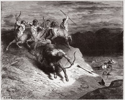 The Divine Comedy (La Divina Commedia, La Divine Comedie), Inferno, Canto 12: Kentaurerna attackerar själarna i kokande blod - av Dante Alighieri (1265-1321) - Illustration av Gustave Dore (1832-1883) av Gustave Dore