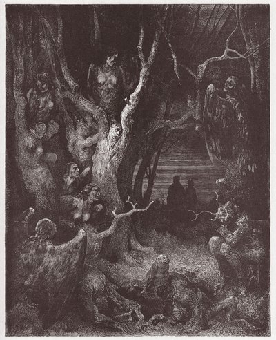Den gudomliga komedin (La Divina Commedia, La Divine Comedie), Inferno, Canto 13: Harpierna i självmordsskogen - av Dante Alighieri (1265-1321) - Illustration av Gustave Dore (1832-1883) av Gustave Dore