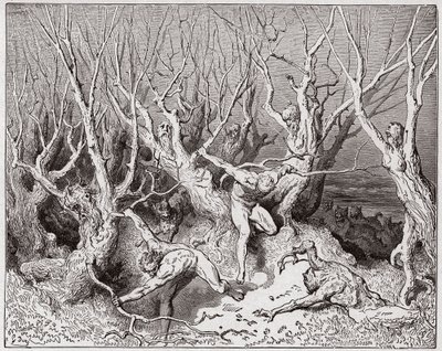 The Divine Comedy (La Divina Commedia, La Divine Comedie), Inferno, Canto 13: Självmorden flyr från skogen - av Dante Alighieri (1265-1321) - Illustration av Gustave Dore (1832-1883) av Gustave Dore