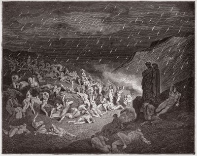 The Divine Comedy (La Divina Commedia, La Divine Comedie), Inferno, Canto 14: De våldsamma, plågade i eldregnet - av Dante Alighieri (1265-1321) - Illustration av Gustave Dore (1832-1883) av Gustave Dore