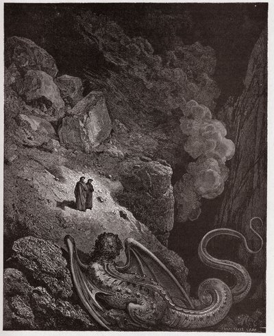 The Divine Comedy (La Divina Commedia, La Divine Comedie), Inferno, Canto 17: Geryon, symbol för svek - av Dante Alighieri (1265-1321) - Illustration av Gustave Dore (1832-1883) av Gustave Dore