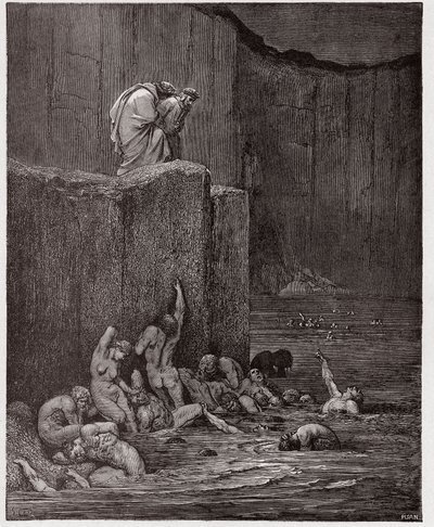 Den gudomliga komedin (La Divina Commedia, La Divine Comedie), Inferno, Canto 18: Förälskare och smickrare i den åttonde cirkeln - av Dante Alighieri (1265-1321) - Illustration av Gustave Dore (1832-1883) av Gustave Dore