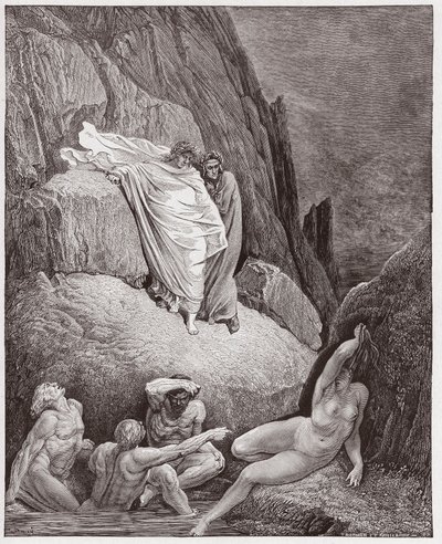 The Divine Comedy (La Divina Commedia, La Divine Comedie), Inferno, Canto 18: Virgil visar Dante skuggan av thailändskt - av Dante Alighieri (1265-1321) - Illustration av Gustave Dore (1832-1883) av Gustave Dore