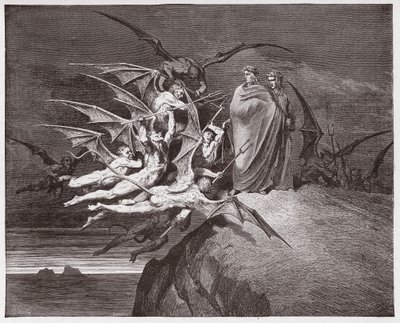 Den gudomliga komedin (La Divina Commedia, La Divine Comedie), Inferno, Canto 21: Demonerna hotar Vergilius - av Dante Alighieri (1265-1321) - Illustration av Gustave Dore (1832-1883) av Gustave Dore