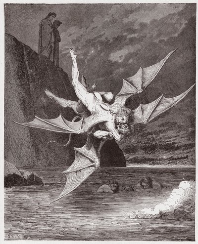 Den gudomliga komedin (La Divina Commedia, La Divine Comedie), Inferno, Canto 22: Alichino och Calcabrina tävlar ovanför planen - av Dante Alighieri (1265-1321) - Illustration av Gustave Dore (1832-1883) av Gustave Dore