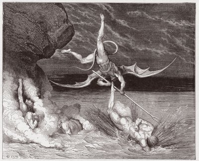The Divine Comedy (La Divina Commedia, La Divine Comedie), Inferno, Canto 22: Ciampolo flyr demonen Alichino i den femte bolgia - av Dante Alighieri (1265-1321) - Illustration av Gustave Dore (1832-1883) av Gustave Dore