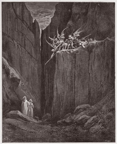 The Divine Comedy (La Divina Commedia, La Divine Comedie), Inferno, Canto 23: Poeterna flyr demonerna i den femte bolgia - av Dante Alighieri (1265-1321) - Illustration av Gustave Dore (1832-1883) av Gustave Dore