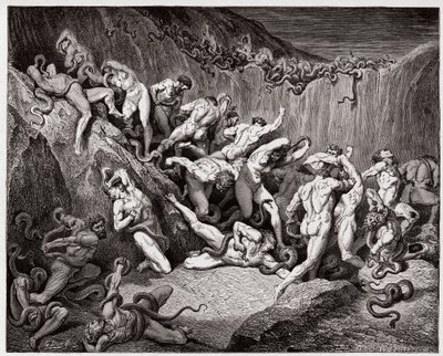 Den gudomliga komedin (La Divina Commedia, La Divine Comedie), Inferno, Canto 24: Tjuvarna plågade av ormar - av Dante Alighieri (1265-1321) - Illustration av Gustave Dore (1832-1883) av Gustave Dore