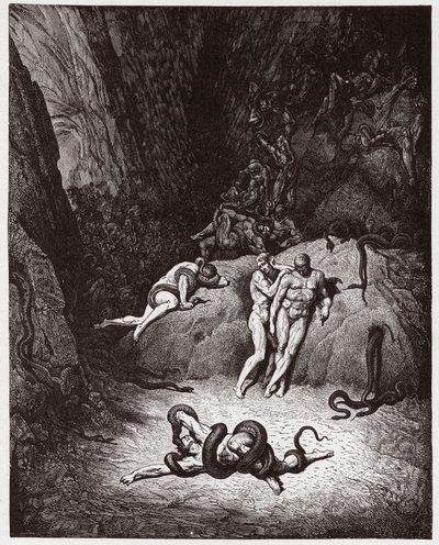 The Divine Comedy (La Divina Commedia, La Divine Comedie), Inferno, Canto 25: Agnello transforming into a orm - av Dante Alighieri (1265-1321) - Illustration av Gustave Dore (1832-1883) av Gustave Dore