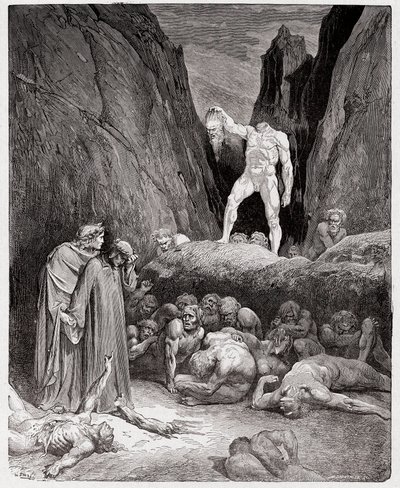 The Divine Comedy (La Divina Commedia, La Divine Comedie), Inferno, Canto 28: Det avhuggna huvudet av Bertrand de Born talar till Dante - av Dante Alighieri (1265-1321) - Illustration av Gustave Dore (1832-1883) av Gustave Dore