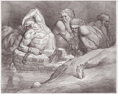 The Divine Comedy (La Divina Commedia, La Divine Comedie), Inferno, Canto 31: Ephialtes in manacles among the giants - av Dante Alighieri (1265-1321) - Illustration av Gustave Dore (1832-1883) av Gustave Dore