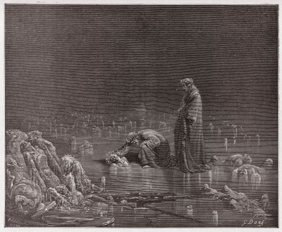 The Divine Comedy (La Divina Commedia, La Divine Comedie), Inferno, Canto 32: Dante tilltalar förrädaren Bocca degli Abati - av Dante Alighieri (1265-1321) - Illustration av Gustave Dore (1832-1883) av Gustave Dore