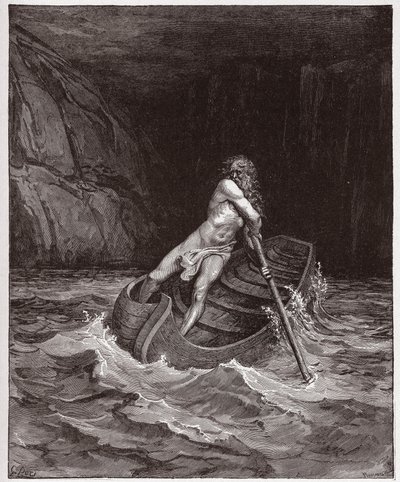 The Divine Comedy (La Divina Commedia, La Divine Comedie), Inferno, Canto 3: Charon (Caron) on the River Acheron - av Dante Alighieri (1265-1321) - Illustration av Gustave Dore (1832-1883) av Gustave Dore