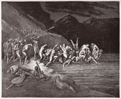 Den gudomliga komedin (La Divina Commedia, La Divine Comedie), Inferno, Canto 3: De dömda själarna som ger sig iväg för att korsa Acheron - av Dante Alighieri (1265-1321) - Illustration av Gustave Dore (1832-1883) av Gustave Dore